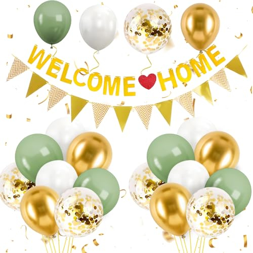 Yi'antai Willkommen Zuhause Ballon Set mit 5M Wimpel Banner, Luftballons in Olivgrün, Beige, Gold und Konfetti, Roségold, Einfarbig mit Glitzer, Willkommen Home Deko für Party