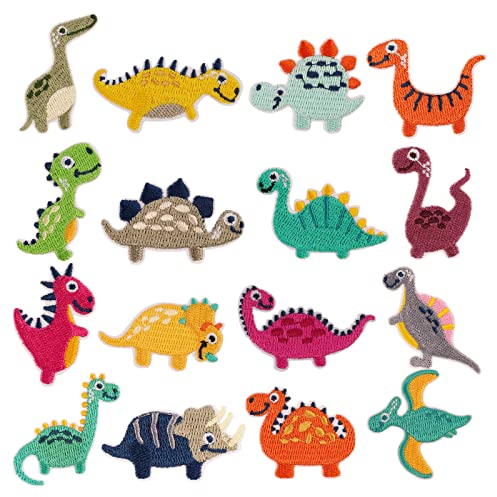 16 Stück Bügelflicken Dinosaurier Kinder Flicken zum Aufbügeln Dinosaurier Aufnäher Patches Sticker für Kleidung Taschen Rucksäcke zum Aufbügeln oder Aufnähen, DIY Jeans Jacken und Hosen
