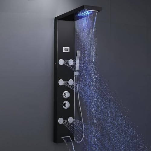OUGOO Panneau de douche avec robinet, affichage LED et affichage de la température, colonne de douche complète avec 5 modes de douche : douche à effet pluie, douche cascade, jets de massage, douchette