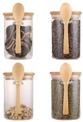 WOPPLXY Lot de 4 Bocal en Verre avec Couvercle, Bocaux en Verre avec Couvercle Hermétique et Cuillère, 450 ml Pot en Verres avec Couvercle, Bocaux Rangement Cuisine pour Grains de Café, Épices, Thé