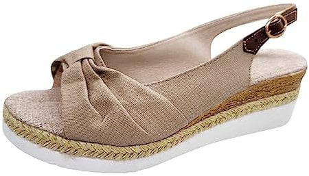 Sandali Donna Comodi Pianta Larga Sandalo Open Toe Plateau Con Tacco Sandali Boemia Per Camminare Pelle Scarpe Comode Gladiatore Sandalo Estive Sandali Donna (Z1-Beige, 40)