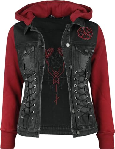 Black Premium by EMP Damen schwarz-rote Jeansjacke mit abnehmbarer Kapuze und Ärmel aus extra weichem Sweat-Stoff