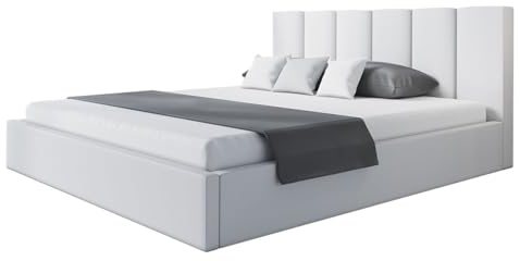 AlpiMeble Bett 120x200 - Polsterbett mit Bettkasten und Holzrahmen - Modern Betten - Weicher Jasminstoff - Kollektion Tokio, Weiß