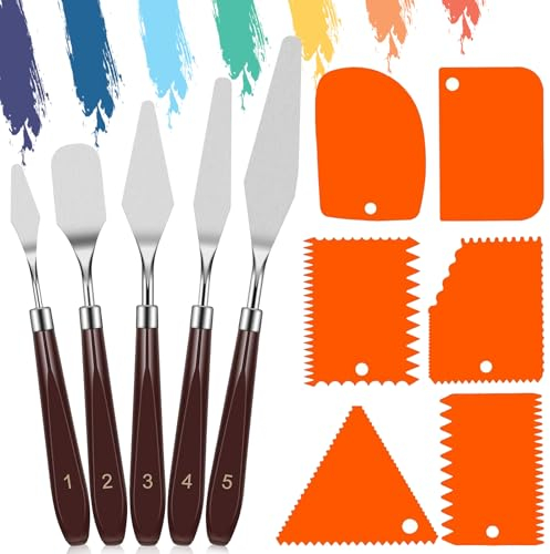 11 Piezas Espatulas Pintura, Espatulas Pintura Acrilica Set, 5 Cuchillos de Paleta+6 Cuchillas Rascadoras, Raspador para Pintura al óleo de Acero Inoxidable Adecuado para óleo Gouache Acrílico