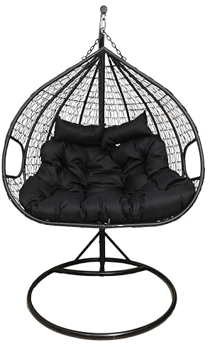 2mGoods Hängesessel mit Gestell für 2 Personen, Outdoor & Indoor, inkl. Gestell und XXL Rückenkissen, Polyrattan Hängestuhl Gartenschaukel, Höhe 195cm, für Kinder und Erwachsene (Schwarz (HS-D96))