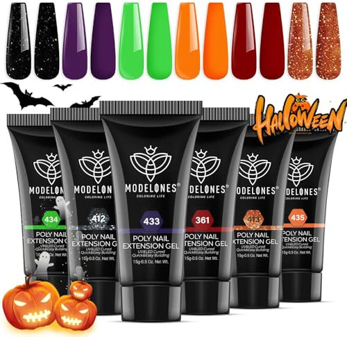 Modelones Poly Gel Set mit 6 Farben Schwarz Neon Rot Glitzer Halloween Gel Nägel Selber Set Quick Extension für Nail Art Nageldesign