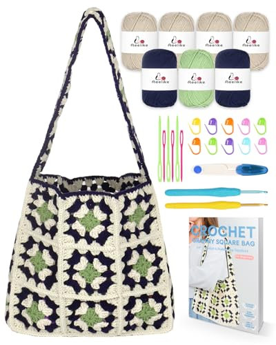 Aeelike Häkeltaschen-Set für Anfänger Erwachsene, Lernen Sie Oma Quadratische Tasche zu machen, Starter-Set mit Garnen, Haken, Schritt-für-Schritt-Anleitung - Ideales Geschenk