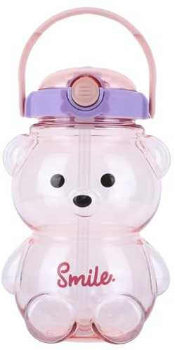 AVZYARDY Kawaii Bear Water Bottle With Straw 1000/1400ml Bear Drinking Bottle Portable Leakproof Cute Drinking Cup Water Bottles with Shoulder Strap for Kids Girls Women Travel School
