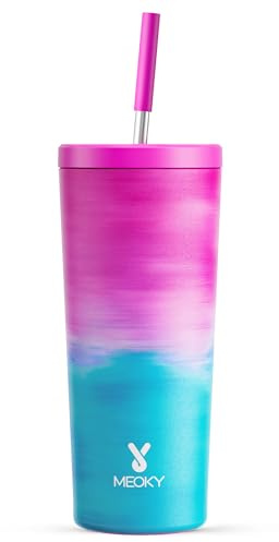 Meoky - 24 oz insulated tumbler with lid and straw, vacuum insulated stainless steel tumbler, keep cold for 24 hours, 100% leak proof, fits in car cup holders