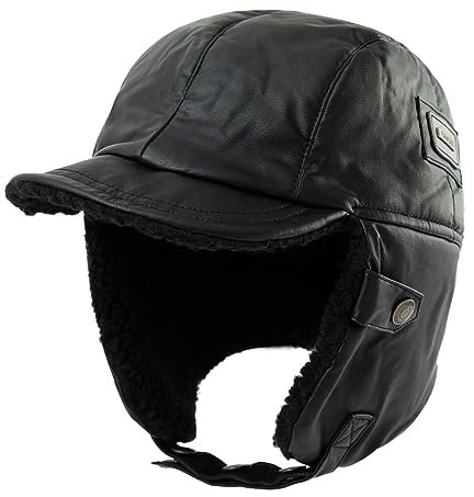 Comhats Warme Trappermütze Herren Wintermütze Kunstleder Hut Unisex Fliegermütze Fellmütze 99708_Schwarz L