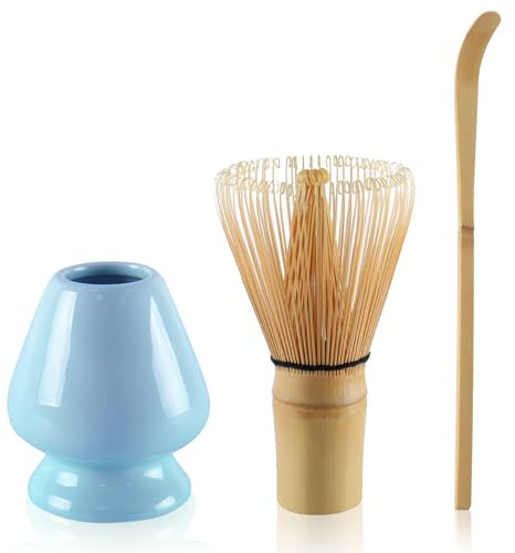 Matcha Tea Set Matcha Whisk, Ceramic Whisk Holder, Tea Scoop, Japanese Matcha Tea Tool Kit Set of 3(Blue)