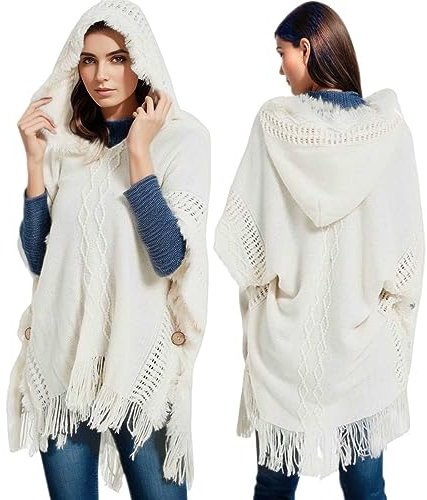 KBOPLEMQ Poncho Damen Gestrickter Wolle Kaschmir Retro Strick Cardigans Trachtentuch Schal Winter Leicht Stola Poncho Weihnachten Outdoor Pullover Trachtenjacke Warm Elegant Cape Strick Hoodie