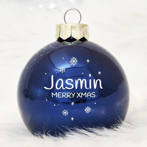 Deine personalisierte Weihnachtskugel | Christbaumkugel mit eigenem Foto und individuellem Wunschnamen, Echtglas 8 cm (06_Blau, 2 Seitig (Foto + Text))