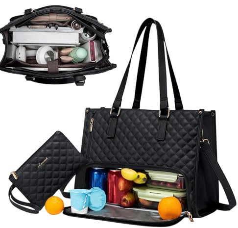 Genérico 2 en 1 Bolso Combo para Mujeres - Bolso de Laptop Negro de Gran Capacidad con Compartimento de Almuerzo Aislado de 15.6 Pulgadas