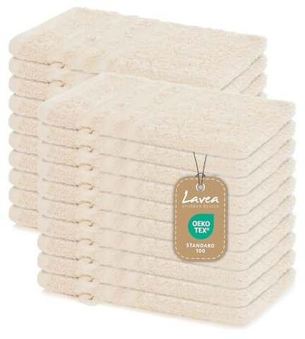 Lavea 20er Set Waschhandschuh 15x21 cm – Saugstarke und Weiche Waschhandschuhe aus 100% Baumwolle, Frottierserie Elena – Waschbare und Strapazierfähige Waschlappen - Creme