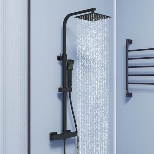 Biubiubath Ensemble mitigeur de douche thermostatique | Double pommeau de douche à effet pluie et tuyau | Mitigeur mural avec barre de douche chromée | Kit de barre de douche réglable (noir mat)