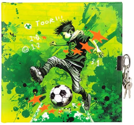 goldbuch 44 133 Tagebuch Stürmer, Kindertagebuch mit 96 weiße Seiten, Notizbuch abschließbar, Kinder Journal mit Schloss & 2 Schlüssel, Kunstdruckeinband, ca. 16,5 x 16,5 cm, Fußballer-Motiv, grün