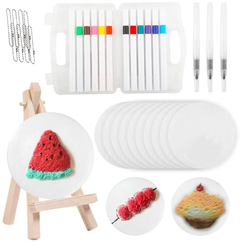 Vaskula Magic Puffy Paint Set 3D Stifte Für Kinder mit 12 Farben Stifte 10 Stük 3D Schaum Malpapier 10 Perlenketten 3 Wasserpinsel und 1 Mini Staffelei für Kinder DIY Kit