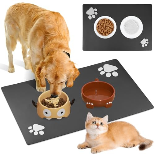 Dog Food Mat, Large 40x60cm Non-Slip Dog Bowl Mat with Rubber Backing, Super Absorbent & Quick-Drying Pet Feeding Mat, Special Mat for Cats & Dogs, No Stains DogBowl Placemats for Floors, Grey
