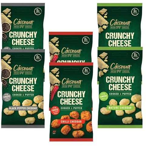 Cáisnua Crunchy Keto Snacks Multipack Pack of 6 x 20g - 8g Protein, 1g Carbs, Mature Cheddar, Black Pepper, Chilli Cheese Crisps Multipack, Cheese Snacks Vegetarian, Low Carb, Gluten Free