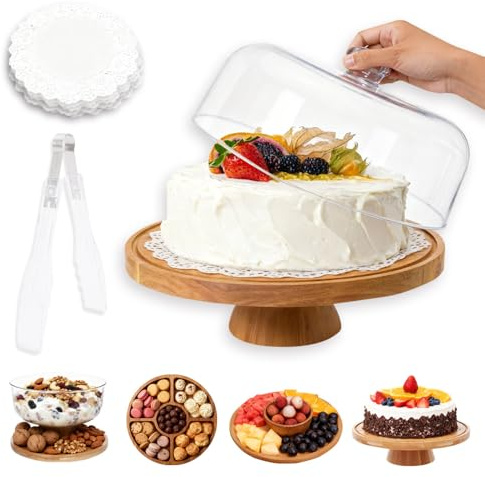 Mulaibdin Tortenplatte mit Deckel, Tortenständer mit fuß, 4 in 1 Kuchenplatte Rund, Holz Kuchenglocke 29cm, Tortenteller Enthält Backpapier & Küchenzange, Cake Board Stand für Geburtstag,Hochzeit,Part