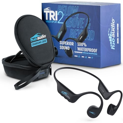 H2O Audio TRI 2 Multi-Sport wasserdichte Kopfhörer mit Ladehülle – Knochenleitung, offenes Ohr Unterwasser-Kopfhörer zum Laufen, Radfahren und Schwimmen – Bluetooth und integrierter MP3-Player