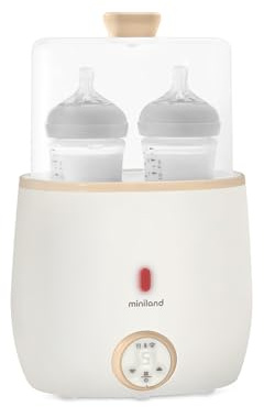Miniland - Warmy Twin Calienta Biberones y Esterilizador, Calentador Rápido de Alimentos para Bebés 2-en-1, Calentador con Pantalla Digital Control Preciso Temperatura para Leche Materna (Beige)