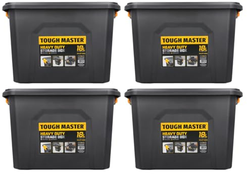 TOUGH MASTER Storage Boxes with Lids 18L Strong Tool Box Stackable for Home, Office & Workshop (Pack of 4)