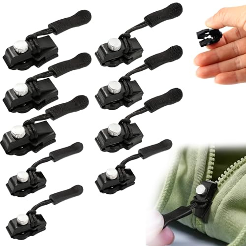9 Pcs Universal Zip Repair Kit 3 Sizes Zipper Puller Replacement No Sewing Required Detachable Pulls Zip Heads Removable Universal Zipper Repairer for Backpacks Coats Jeans Luggage Suitcases(Black)