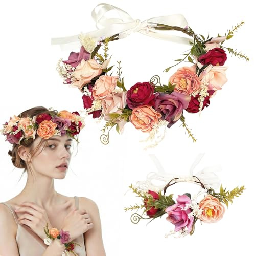 Blume Krone,Blumenkranz Haare,Braut Haarschmuck mit Armband-Set | Haarband Blumen Hochzeit,Boho Blumenkranz Rose Floral,Blumen Kranz Blumenkrone Stirnband,für Hochzeit Party Boho Fasching
