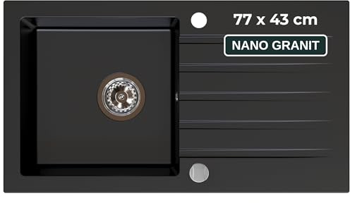 SINK QUALITY Küchenspüle mit Abtropffläche - Spülbecken schwarz 77x43 cm - inkl. Exzenter-Siphon - Einbauspüle für 45er Unterschrank - Granitspüle schwarz
