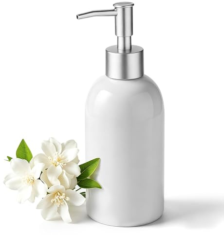 Hejo 350ml Seifenspender Keramik mit Silberpumpe, Weiß | Nachfüllbarer Seifenspender Bad, Praktischer Spülmittelspender Küche - für Handseife, Lotion, Waschküche, Badezimmer & Küche