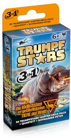 TRUMPFSTARS Die tödlichsten und gefährlichsten Tiere der Welt Kartenspiel 3 in 1 – Trumpf Quartett Schwarzer Peter – 50 Karten Mega Pack – ab 6 Jahre – für 2+ Spieler – plastikfreie Verpackung