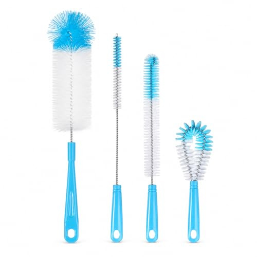 Lot de 4 Pièces Goupillon Long pour Bouteilles en Verre | Goupillon pour Bouteilles, Nettoyeur de Bouteilles, Goupillon pour Carafes en Verre, Bouteilles de Soda, Biberons, Gourdes