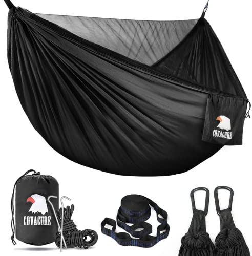 COVACURE Hängematte Outdoor Hängematte mit Moskitonetz - 350kg Belastbarkeit für 2 Personen 290 x 140 cm Ultraleicht Hammock Reise Gadgets für Camping Garten Survival Wander (Schwarz)