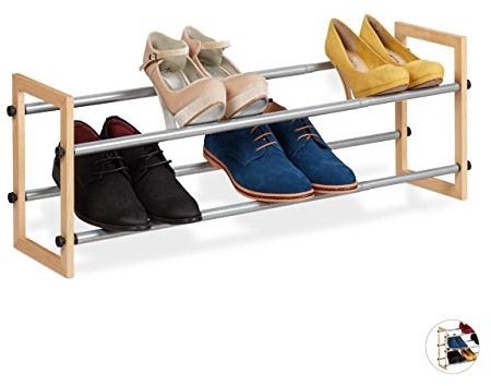 Relaxdays Schuhregal ausziehbar, offener Schuhständer mit 2 Ebenen, Holz & Eisen, erweiterbar bis 118 cm Breite, Natur, Hellbraun