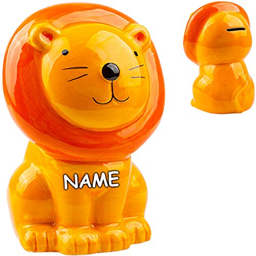 alles-meine.de GmbH große XL Spardose Motivwahl süßer Löwe - inkl. Name - stabile Sparbüchse - aus Porzellan/Keramik - mit Verschluss - 18 cm - Sparschwein - für Kinder & E..