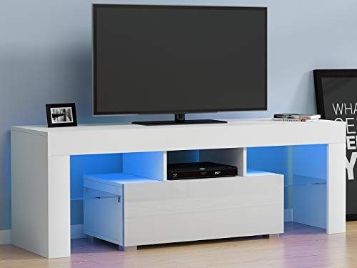 Panana RGB LED TV Stand Cabinet Unit Modern 130cm Width TV Desk with Storage Drawer for Entertainment Living Room Furniture (White Matt Body & White High Gloss Fronts)