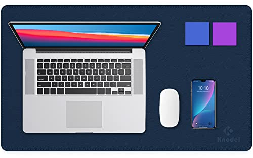 K KNODEL Desk Mat, Office Desk Pad, PVC Leather Desk Blotter, Laptop Desk Mat, Waterproof Desk Writing Pad for Office and Home, Dual-Sided (35 x 60cm, Darkblue/Yellow)