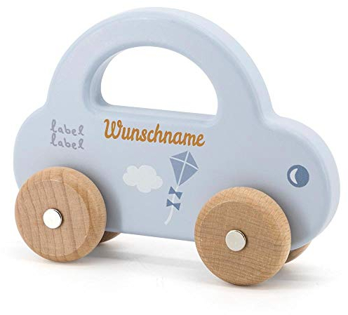 Elefantasie Spielzeug Auto aus Holz hellblau personalisierbar mit Name Holzauto Baby Geschenk mit Gravur