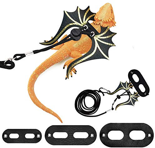 WANDIC 3 verstellbare Eidechsenleine, Bartagamen-Geschirr, weiche Leine mit Lederflügeln, Sicherheitsleine für Eidechsen, kleine Haustiere, Reptilien, Amphibien (S, M, L)