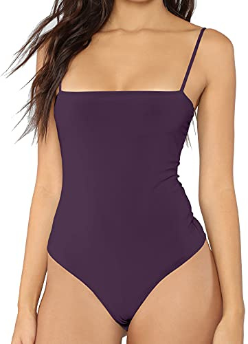 MANGDIUP Body da donna con scollo quadrato, schiena scoperta, regolabile, spalline sottili (collo quadrato viola scuro, M, Collo Quadrato Viola Scuro, Medium