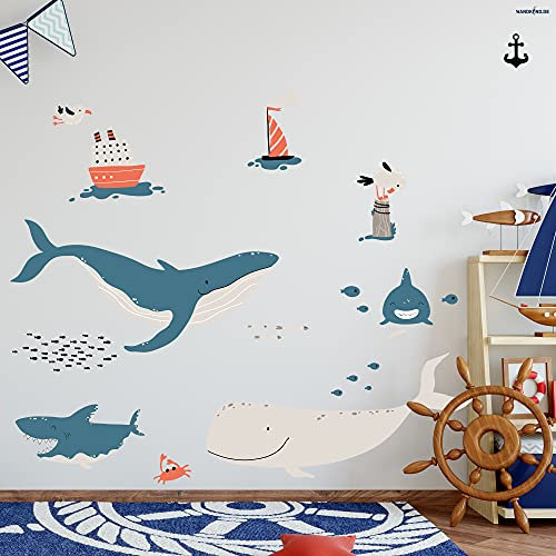Wal Hai Meerestiere Wandtattoo Set V247 | handgezeichnet | AUFKLEBER Kindergarten | Wandsticker Kinderzimmer Fisch Fische Krabbe Schiff Schiffe Segelboot Möwe (75 x 75 cm)