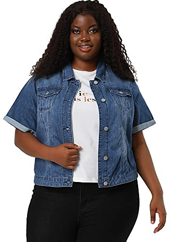 Agnes Orinda Women's Plus Size Denim Jacket Button Front Work Crop Jean Short Sleeve Jackets Blue 4XL