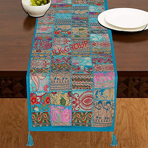 Flyingasedgle Rajasthani Handgefertigter Tischläufer Indisches Design bestickte Baumwolle Ethno-Läufer Indische Patchwork Tisch- und Heimdekoration für jeden Anlass (152 x 40 cm) (Türkis)