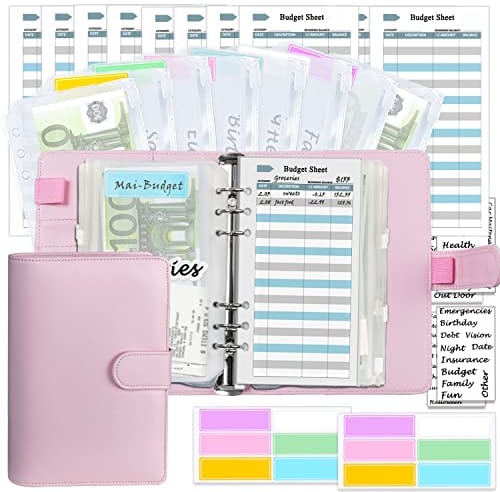 A6 Budgetplaner-Kit, geld organizer, leder ringbuch mit Geldumschlägen, Budgetminen, passenden Aufklebern und Etikett, 7,4x5,71 (Harphia, NPNB-140F-A6-Pink)