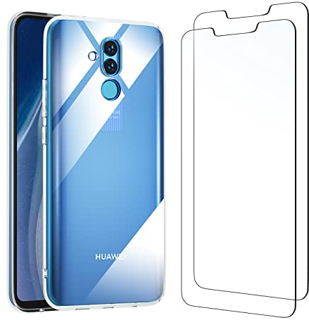 NEW'C Cover per Huawei Mate 20 Lite Gel TPU in silicone custodia ultra trasparente e 2 × vetro temperato per Huawei Mate 20 Lite, Pellicola proteggi schermo