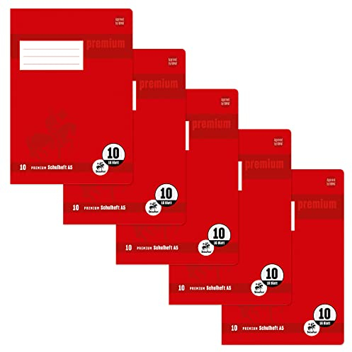 Staufen Premium Schulheft - DIN A5, Lineatur 10 (5mm kariert mit Rand), 16 Blatt, 90g/m² Premium Papier, 5 Stück
