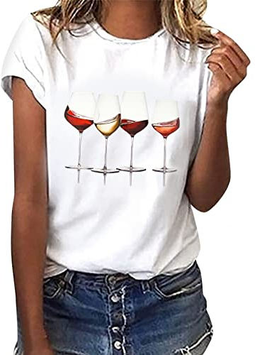 heekpek Femme T Shirt Blanc Chic T Shirts Col Rond Haut Manches Courtes Ete T Shirt Coton Tee Shirt Imprimé pour Femmes Files, Verre de vin, Taille XL