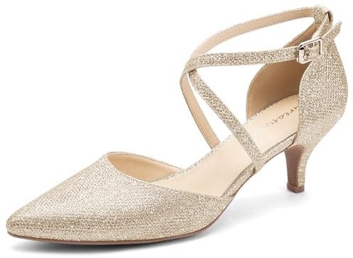 Greatonu Womens Court Shoes Pointed Toe Kitten Mid Low Heel Sandals Ladies Ankle Strap Pumps Gold Size 7